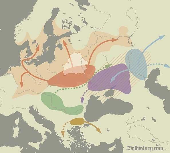Першапачатковае рассяленне індаеўрапейцаў і шляхі іх экспансіі ў Еўропе Бронзавы век. Рассяленне індаеўрапейцаў